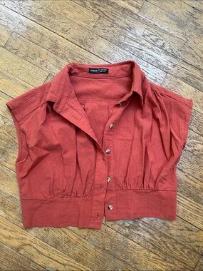 SHEIN 100% Cotton Rust Orange Cropped Button-Down Cap Sleeve Shirt